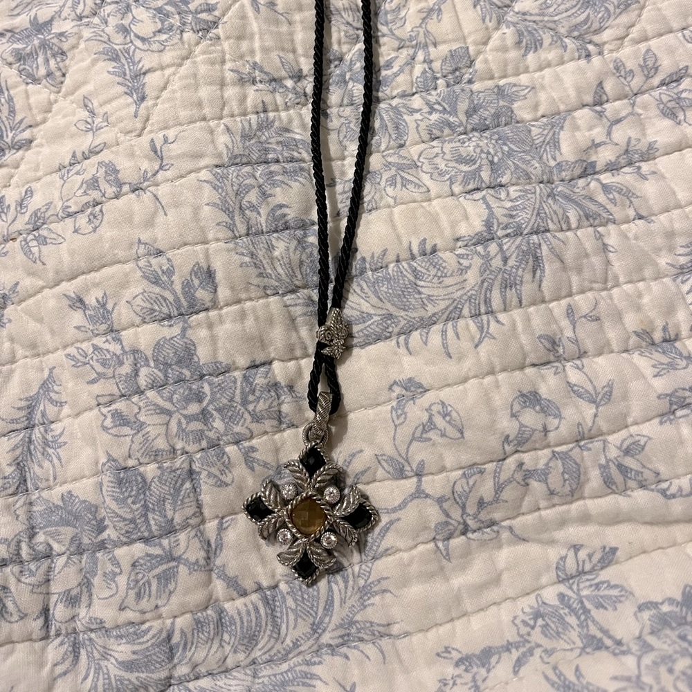 Sterling 925, citrine, black onyx, Diamonique, on black silk cord.